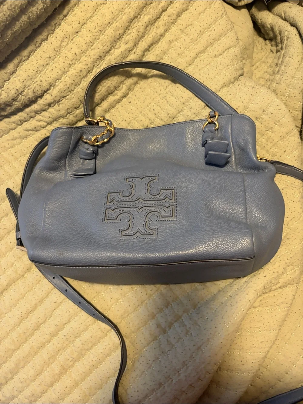 Tory Burch Dusty Blue Leather Shoulder Bag with Logo